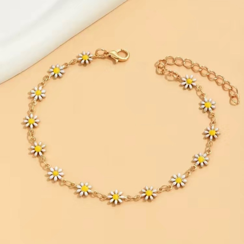 White Daisies Flower Beads Chain Anklet 14K Gold Plated Alloy Ankle Bracelet NEW - Picture 3 of 3